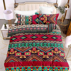 Boho Bedding Set Geometric Ethnic Red Duvet Cover 2 Pillowcases