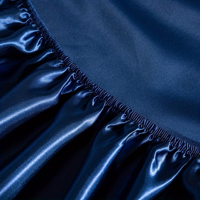 Navy Satin Fitted Sheet Dust Proof Soft Comfortable Mattress Protector