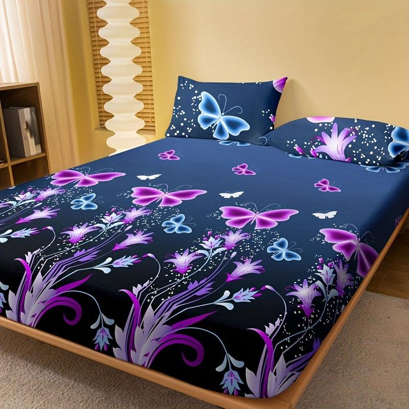 Soft Butterfly Floral Print Fitted Sheet - Deep Pocket Bed Sheet