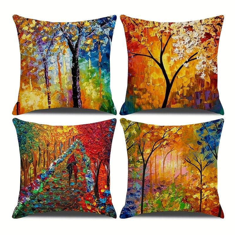 Geometric Tree Painting Cushion Cover - Set of 4