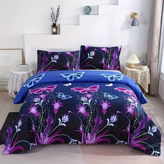3pc Flower Butterfly Duvet Cover Set Soft Comfortable Breathable