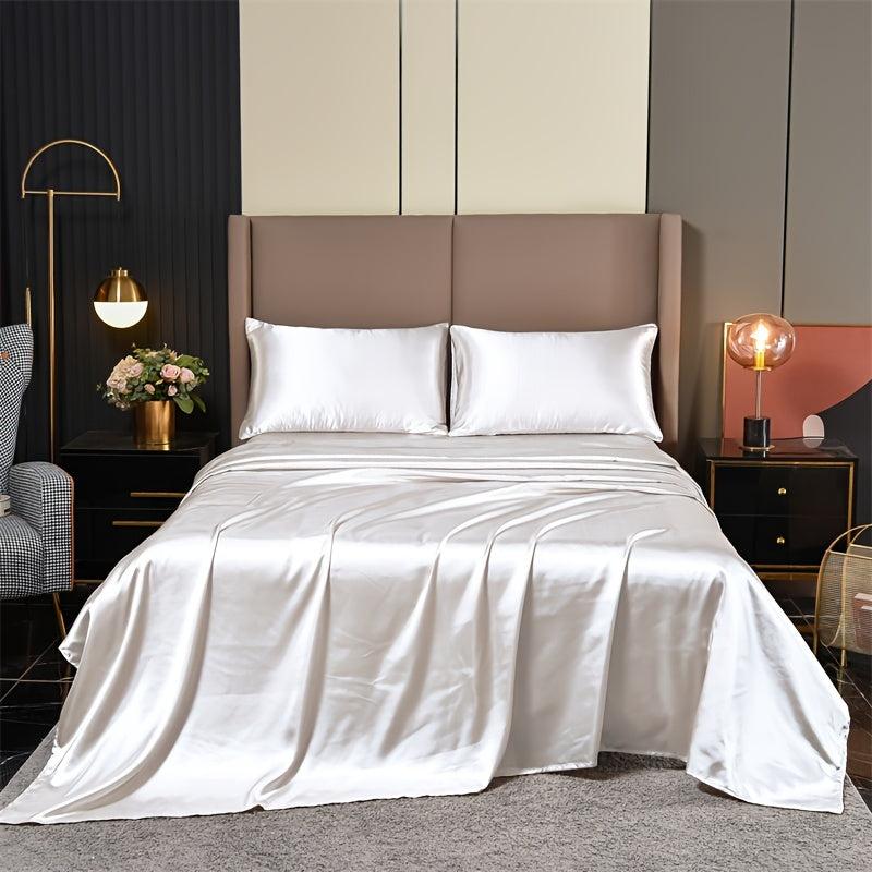4pcs Soft Satin Fitted Sheet Set All Seasons Bedroom Guest Hotel Decor