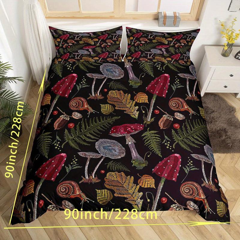 Burgundy Mushroom Print Duvet Cover Set, Soft Polyester Quilt Cover with Pillowc