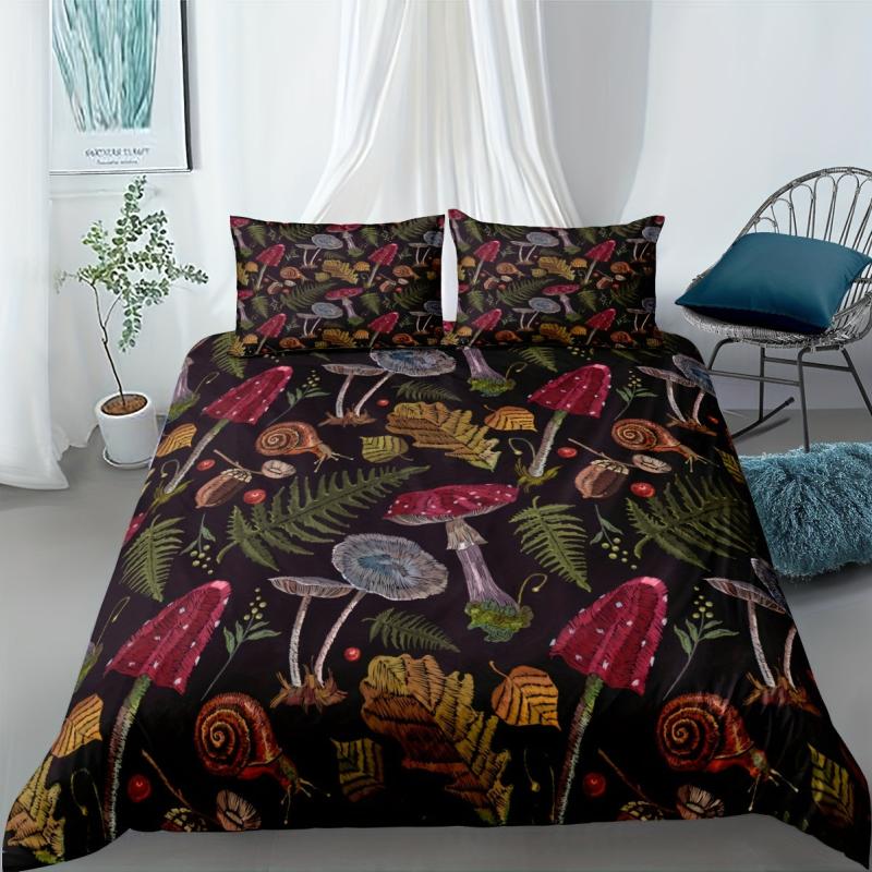 Burgundy Mushroom Print Duvet Cover Set, Soft Polyester Quilt Cover with Pillowc