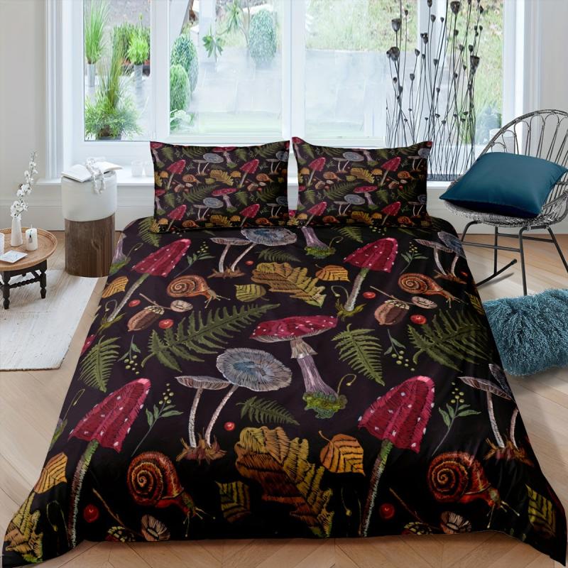 Burgundy Mushroom Print Duvet Cover Set, Soft Polyester Quilt Cover with Pillowc