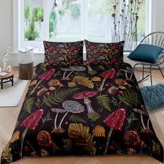 Burgundy Mushroom Print Duvet Cover Set, Soft Polyester Quilt Cover with Pillowc