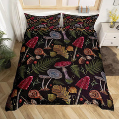 Burgundy Mushroom Print Duvet Cover Set, Soft Polyester Quilt Cover with Pillowc