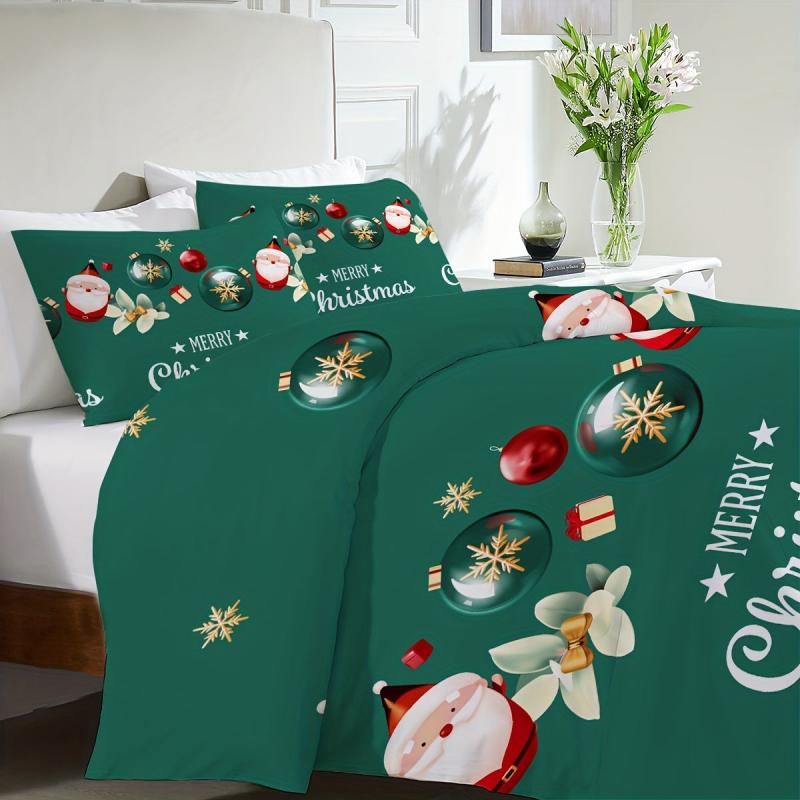 3pcs Christmas Print Duvet Cover Set with Santa Claus, Reindeer, and Snowman