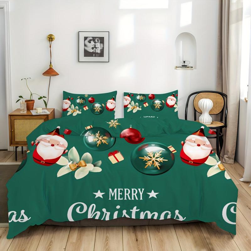 3pcs Christmas Print Duvet Cover Set with Santa Claus, Reindeer, and Snowman