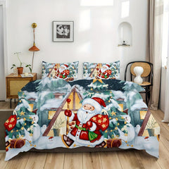 3pcs Christmas Print Duvet Cover Set with Santa Claus, Reindeer, and Snowman