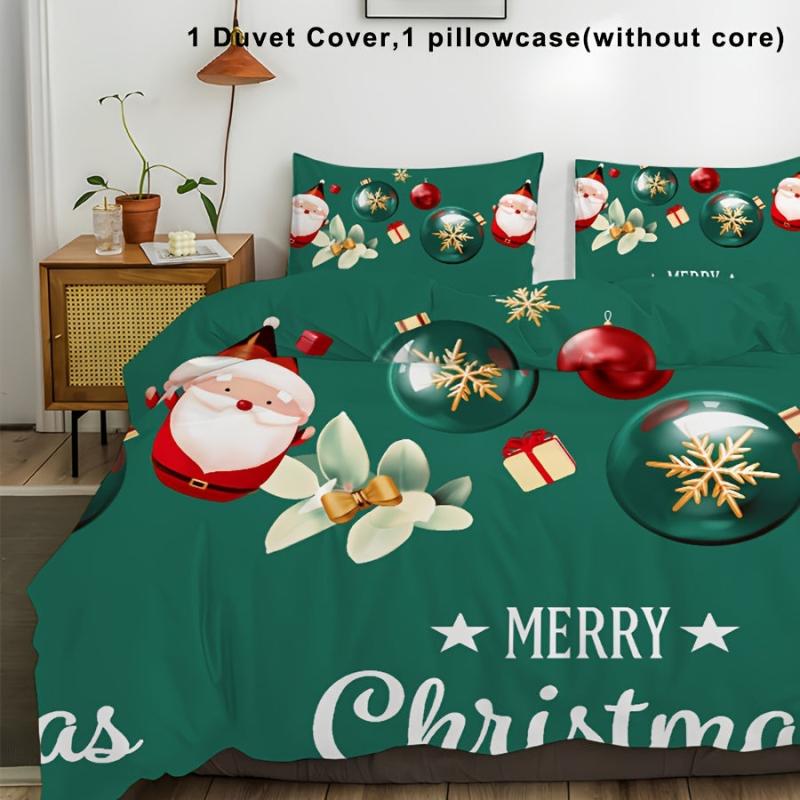 3pcs Christmas Print Duvet Cover Set with Santa Claus, Reindeer, and Snowman