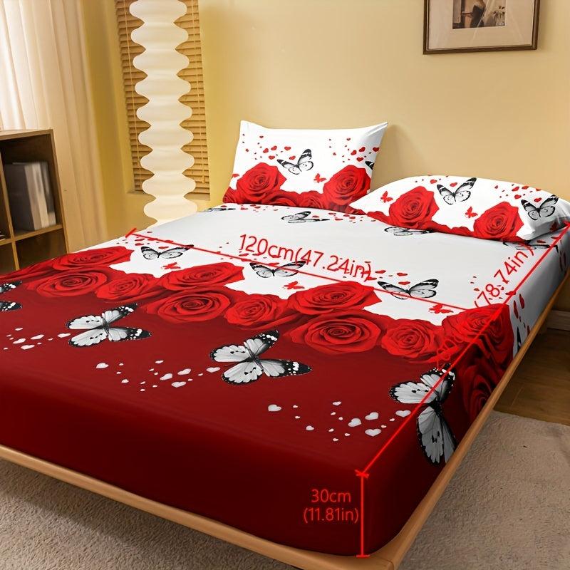 Butterfly Red Rose Print Fitted Sheet, Soft Comfortable Mattress Protector