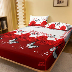 Butterfly Red Rose Print Fitted Sheet, Soft Comfortable Mattress Protector