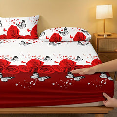 Butterfly Red Rose Print Fitted Sheet, Soft Comfortable Mattress Protector