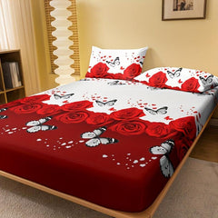 Butterfly Red Rose Print Fitted Sheet, Soft Comfortable Mattress Protector