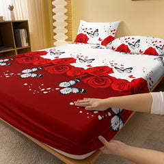 Butterfly Red Rose Print Fitted Sheet, Soft Comfortable Mattress Protector
