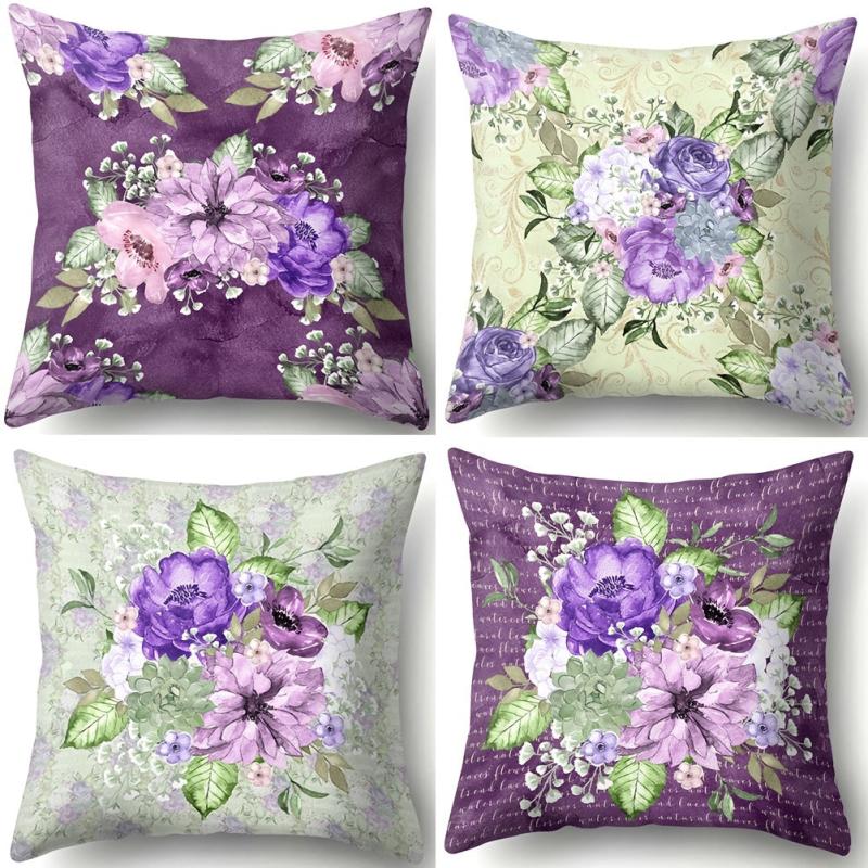 Purple Flower Cushion Cover Polyester Pillow Case 32x17 Inches
