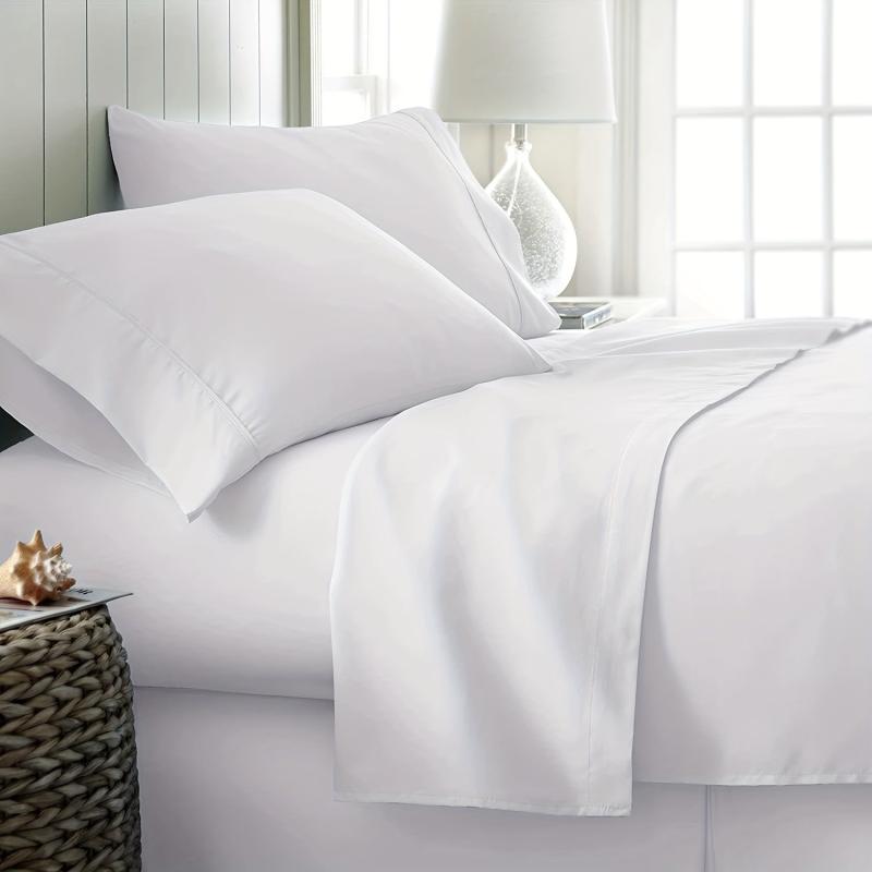 4pcs Brushed Style Bedding Set Solid Soft Fitted Sheet & Flat Sheet