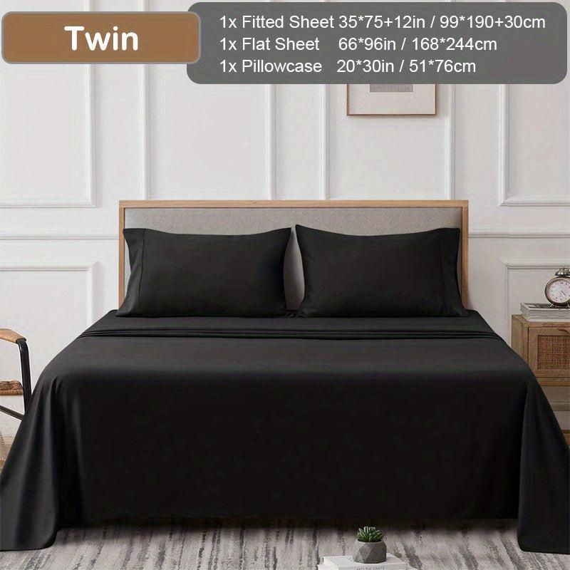 4pcs Brushed Style Bedding Set Solid Soft Fitted Sheet & Flat Sheet