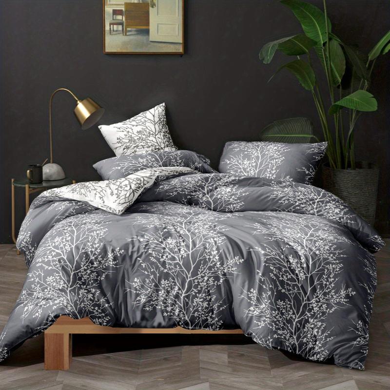 3pcs Branch & Leaf Printing Duvet Set Soft Comfortable Bedding