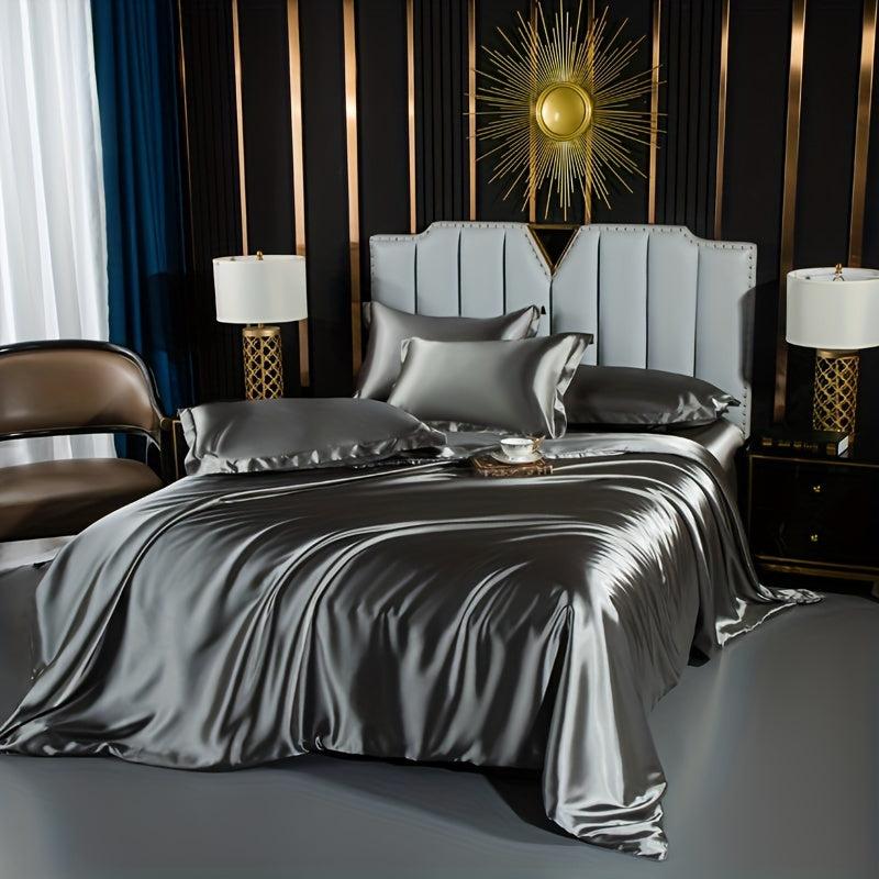 4pcs Stain Fitted Sheet Set Soft Comfortable Breathable Solid Bedding Set
