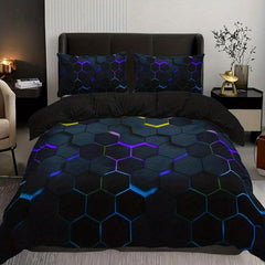 3Pcs Geometric Honeycomb Print Duvet Cover Set - Soft Microfiber Bedding