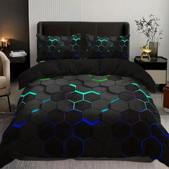 3Pcs Geometric Honeycomb Print Duvet Cover Set - Soft Microfiber Bedding