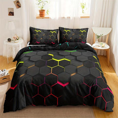 3Pcs Geometric Honeycomb Print Duvet Cover Set - Soft Microfiber Bedding