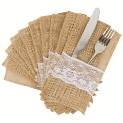 10pcs Burlap Lace Utensil Cutlery Holders 16cmx20 Pouch Bags Rustic Wedding
