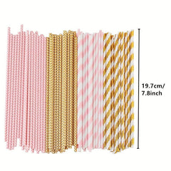 25pcs Biodegradable Paper Straws Pink and Striped for Parties
