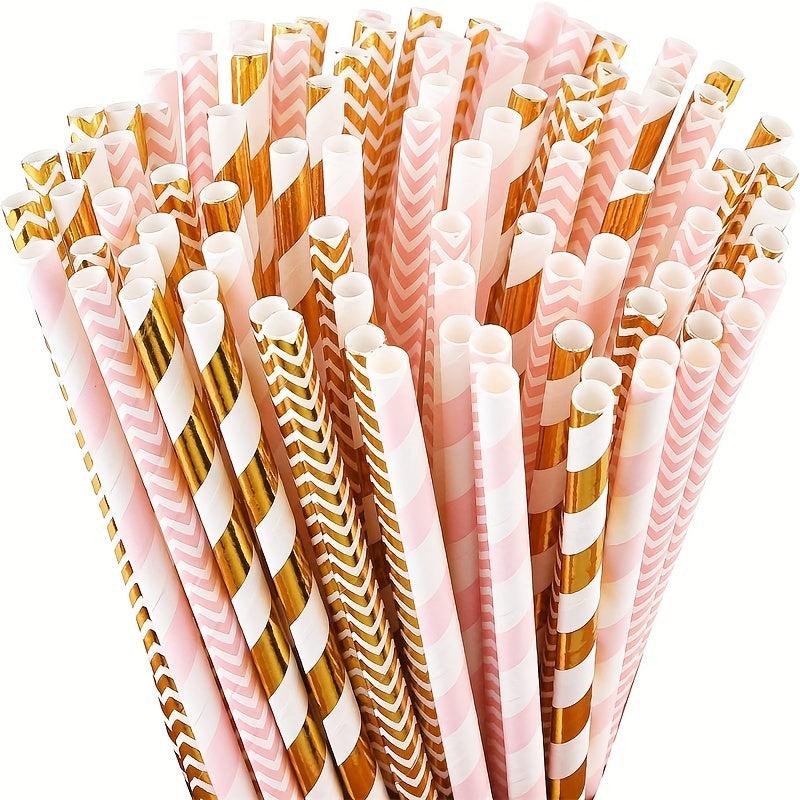 25pcs Biodegradable Paper Straws Pink and Striped for Parties