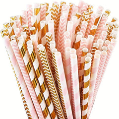 25pcs Biodegradable Paper Straws Pink and Striped for Parties