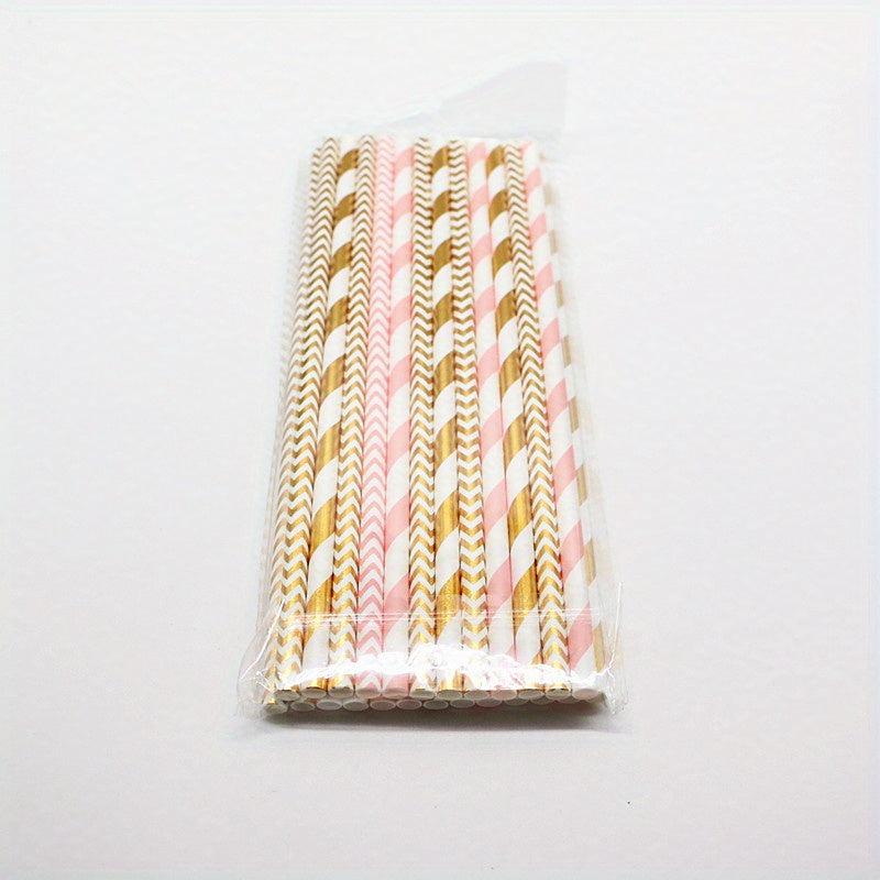 25pcs Biodegradable Paper Straws Pink and Striped for Parties