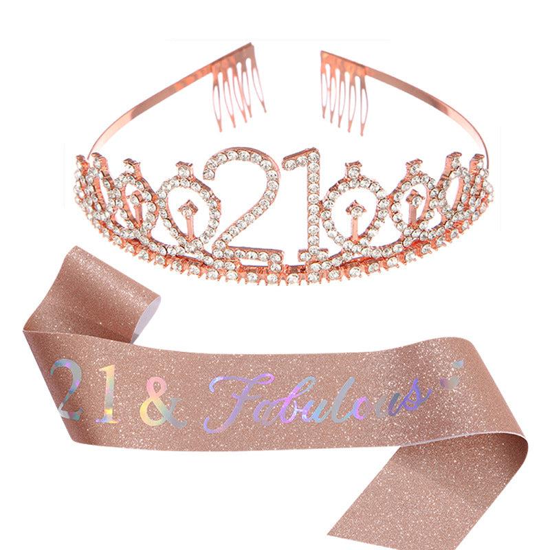 Crystal Birthday Crown Sash for 18 21 30 40 50th Birthdays Tiara Suit Party