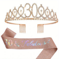 Crystal Birthday Crown Sash for 18 21 30 40 50th Birthdays Tiara Suit Party