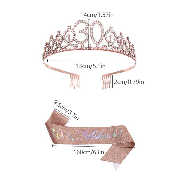 Crystal Birthday Crown Sash for 18 21 30 40 50th Birthdays Tiara Suit Party