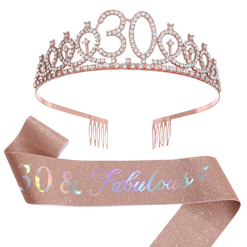 Crystal Birthday Crown Sash for 18 21 30 40 50th Birthdays Tiara Suit Party