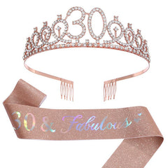 Crystal Birthday Crown Sash for 18 21 30 40 50th Birthdays Tiara Suit Party