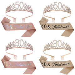 Crystal Birthday Crown Sash for 18 21 30 40 50th Birthdays Tiara Suit Party
