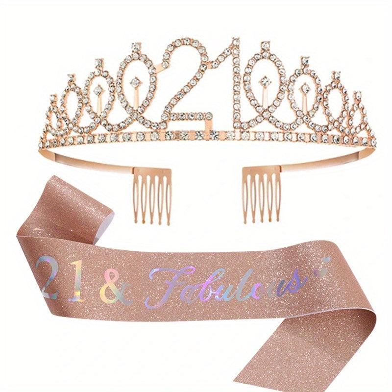 Crystal Birthday Crown Sash for 18 21 30 40 50th Birthdays Tiara Suit Party