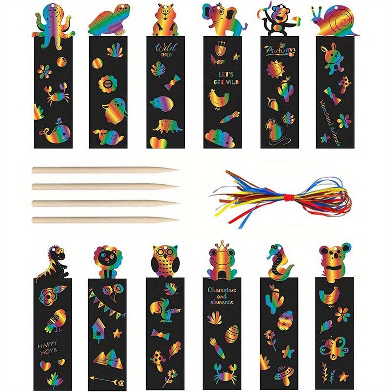 12pcs Scratch Art Bookmarks Kit DIY Rainbow Art Craft Paper Bookmark
