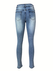 Ripped Holes Skinny Jeans Slim Fit Slash Pockets Mid Stretch Casual Denim Pants