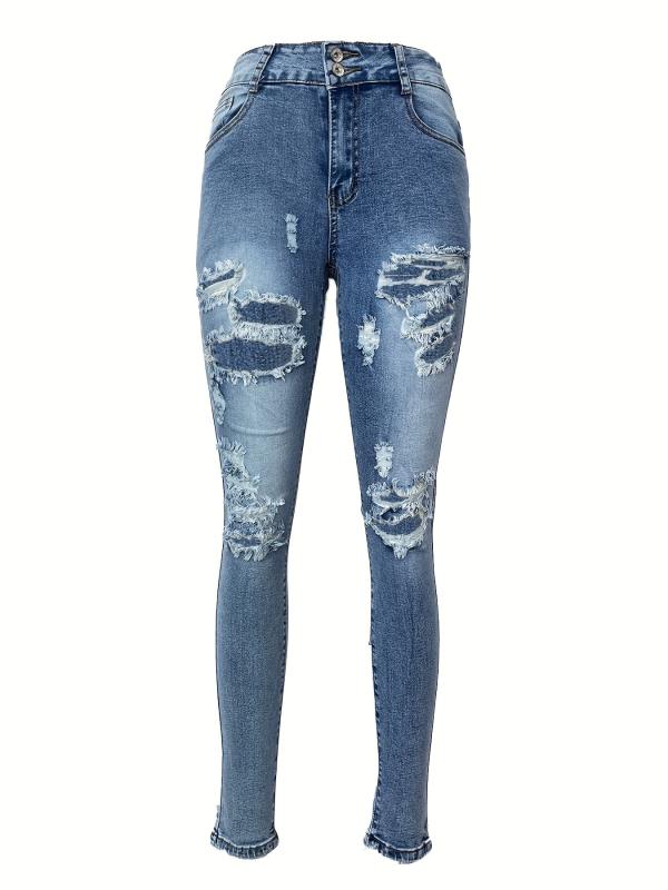 Ripped Holes Skinny Jeans Slim Fit Slash Pockets Mid Stretch Casual Denim Pants