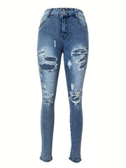 Ripped Holes Skinny Jeans Slim Fit Slash Pockets Mid Stretch Casual Denim Pants