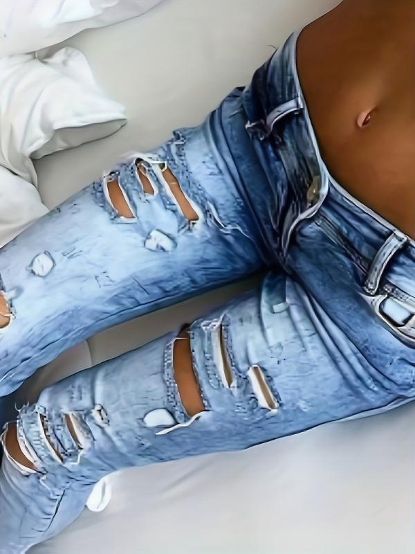 Ripped Holes Skinny Jeans Slim Fit Slash Pockets Mid Stretch Casual Denim Pants