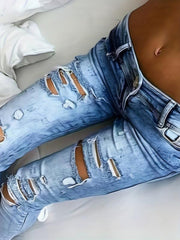 Ripped Holes Skinny Jeans Slim Fit Slash Pockets Mid Stretch Casual Denim Pants