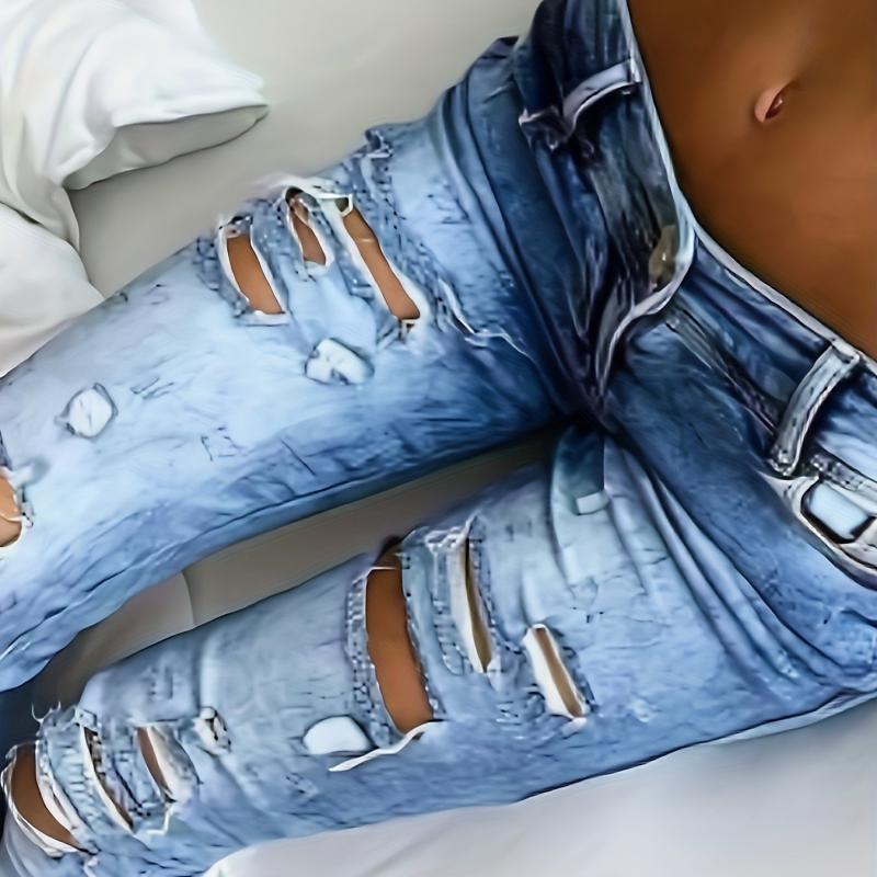 Ripped Holes Skinny Jeans Slim Fit Slash Pockets Mid Stretch Casual Denim Pants