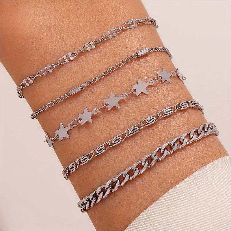 5pcs Geometric Chain Bracelet Set Hip Hop Style