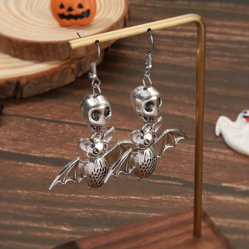Vintage Bat Skull Dangle Earrings Goth Punk Style Halloween Ear Ornaments