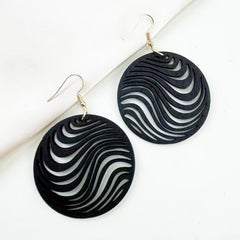 Hollow Carved Pattern Round Dangle Earrings Wooden Ear Jewelry Boho Style
